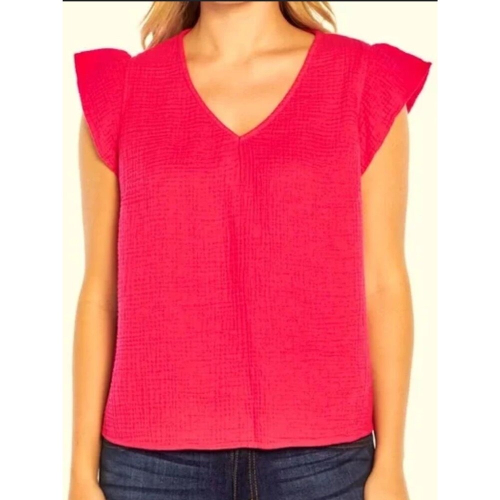 Three Dots Hot Pink V-Neck Flutter Sleeve gauze Blouse